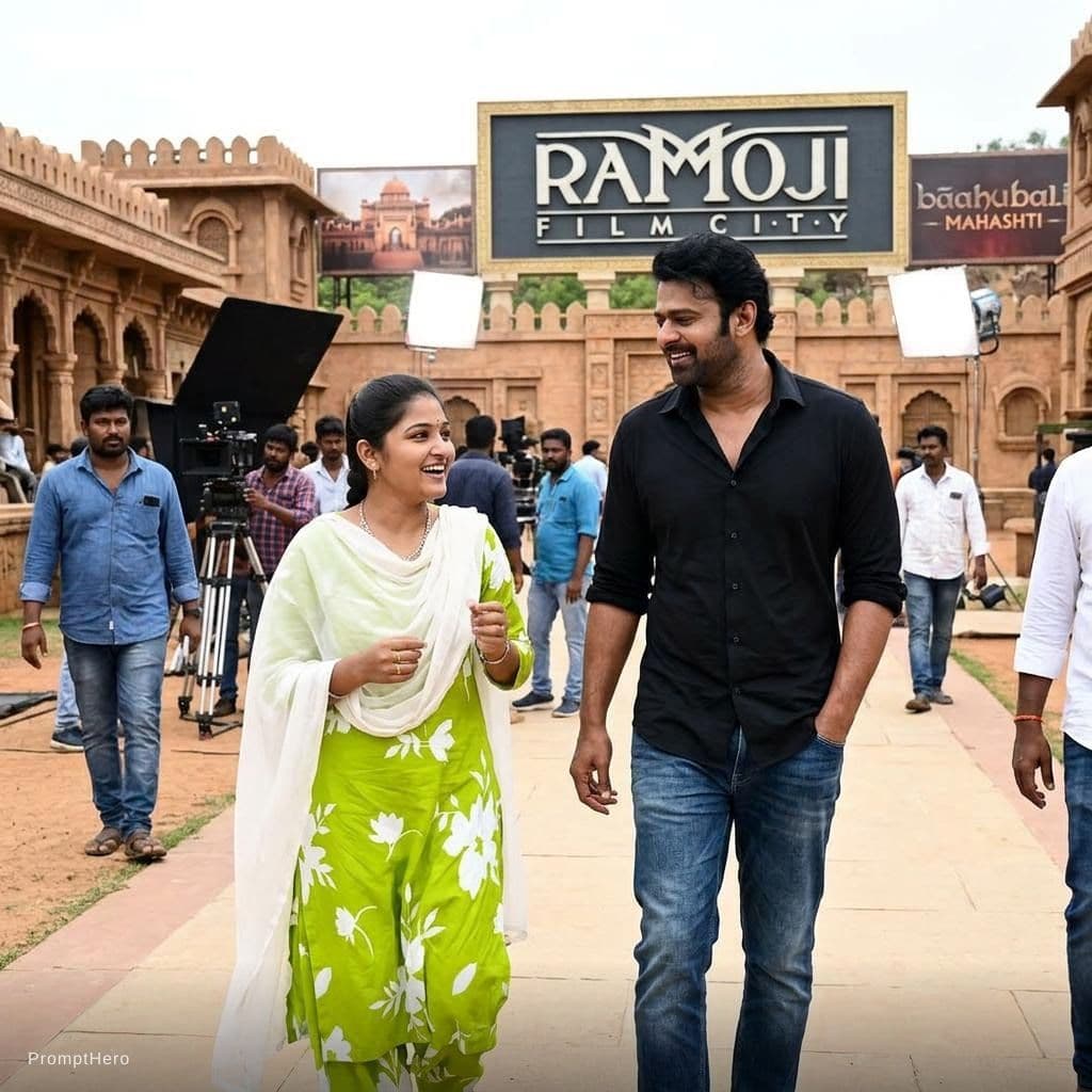 AI generated: Create a image  using my image with rebel star prabhas filim star in(hydrabad ramuji filim city