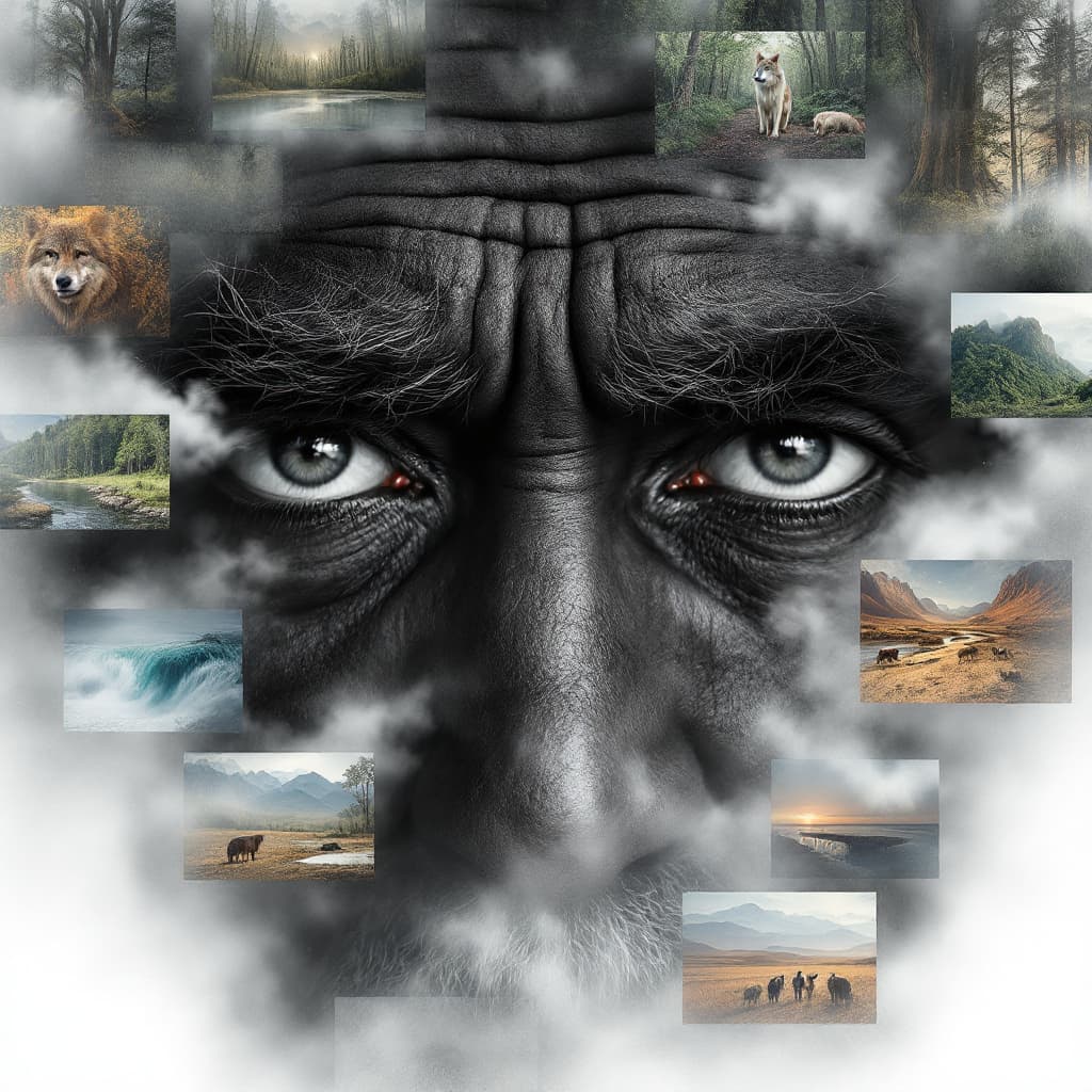 AI generated: digital painting, image inside image, ultra realistic, black and white sketch, very detailed eyes of...