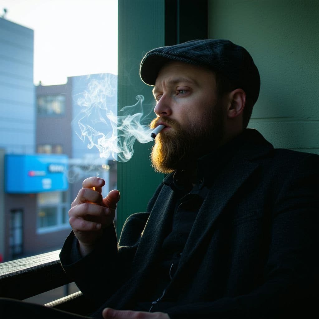AI generated: A man is smoking and alone and sad