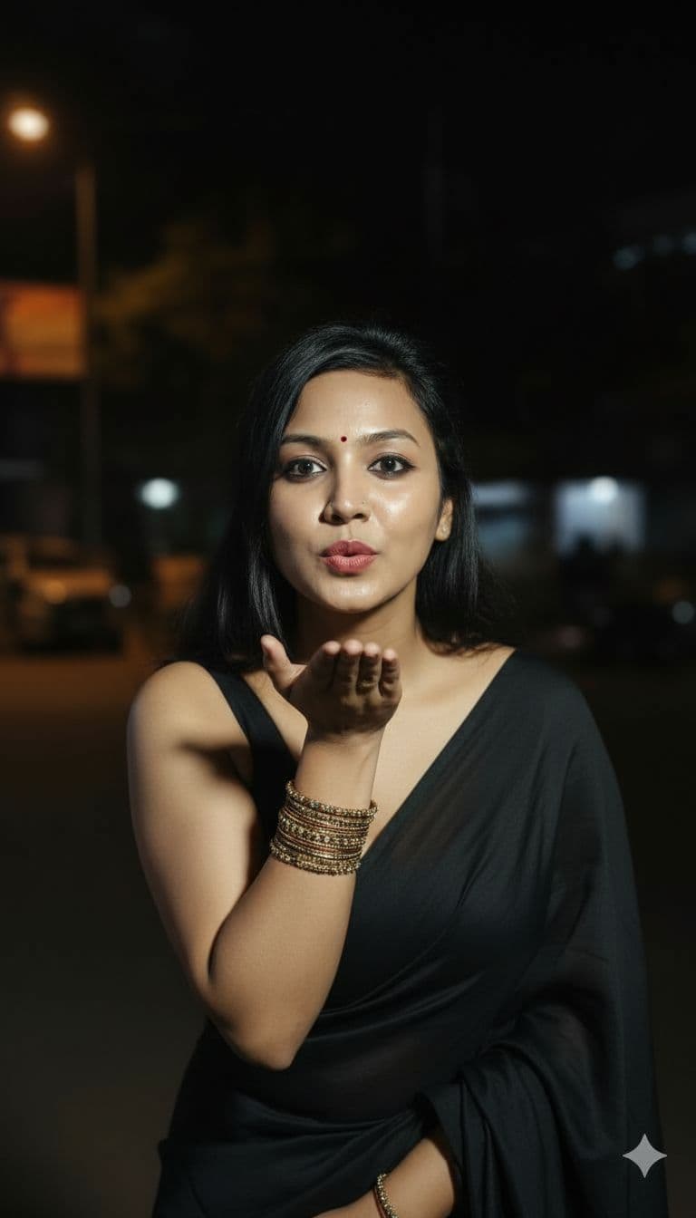 AI generated: 28-30 years old, Indian hair style, wearing a black saree, inhaled chest, wide open eyes, A plus cur...