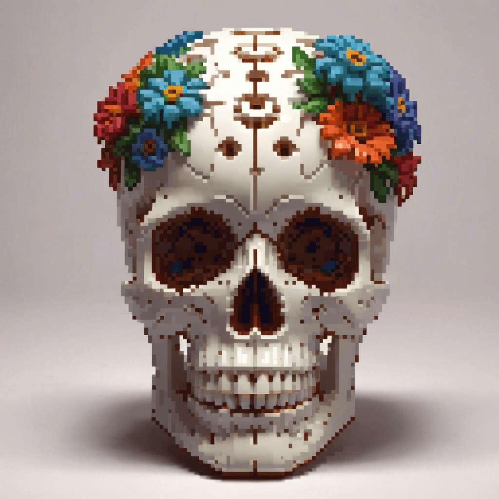 AI generated: Radiation glowing side profile of glossy white porcelain android skull with multicoloured flowers gr...