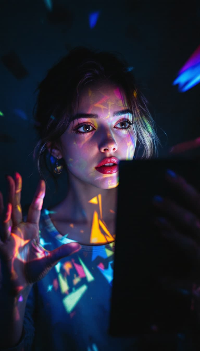 AI generated: Anamorphic Art, Distorted Perspective, Illusory Forms, Playful, Woman Holding a Prism Refracting, Cu...