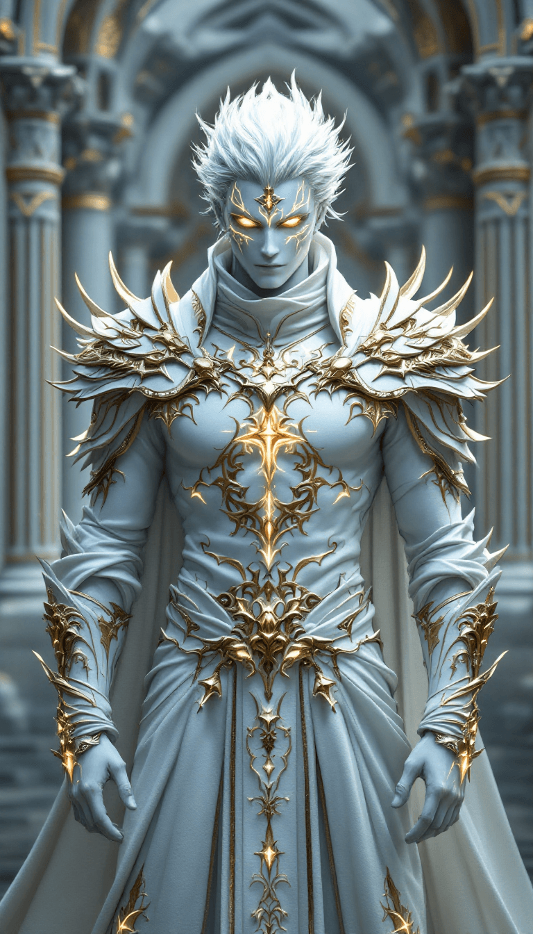 AI generated: all white, white final fantasy, male, mage, priest, white body skin, fantasy big white color full bo...