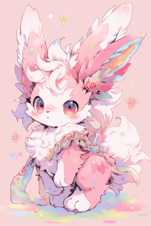 AI generated: Full Body Shot of an anime fluffy bunny cub, pink fur and big ears, by Studio Ghibli, pastel color, ...