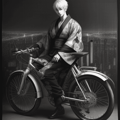 AI generated: anime boy on big bike print on paper, in the style of kerem beyit, elaborate kimono, city portraits,...