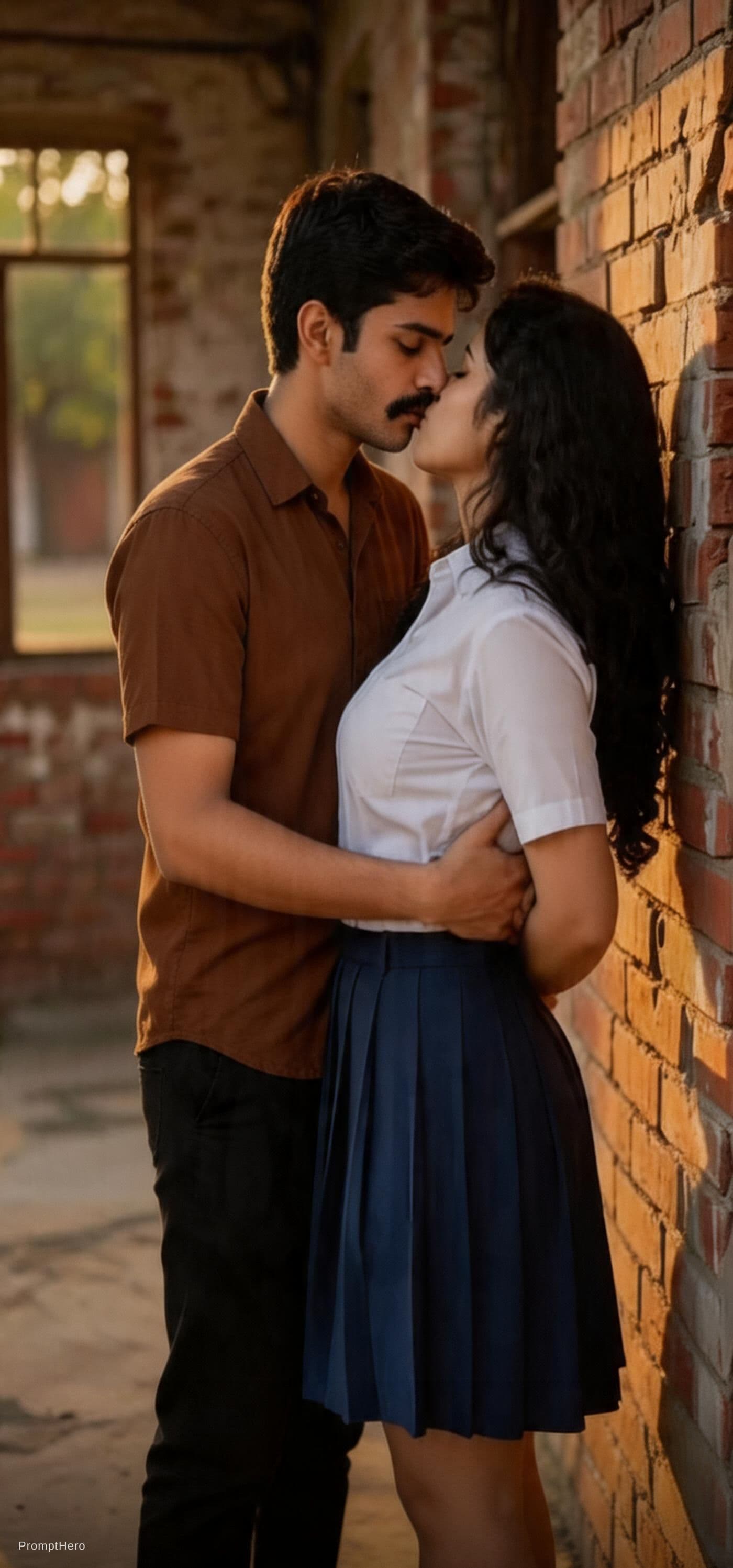 AI generated: "A realistic and cinematic shot of a young couple in school uniforms sharing a romantic moment again...