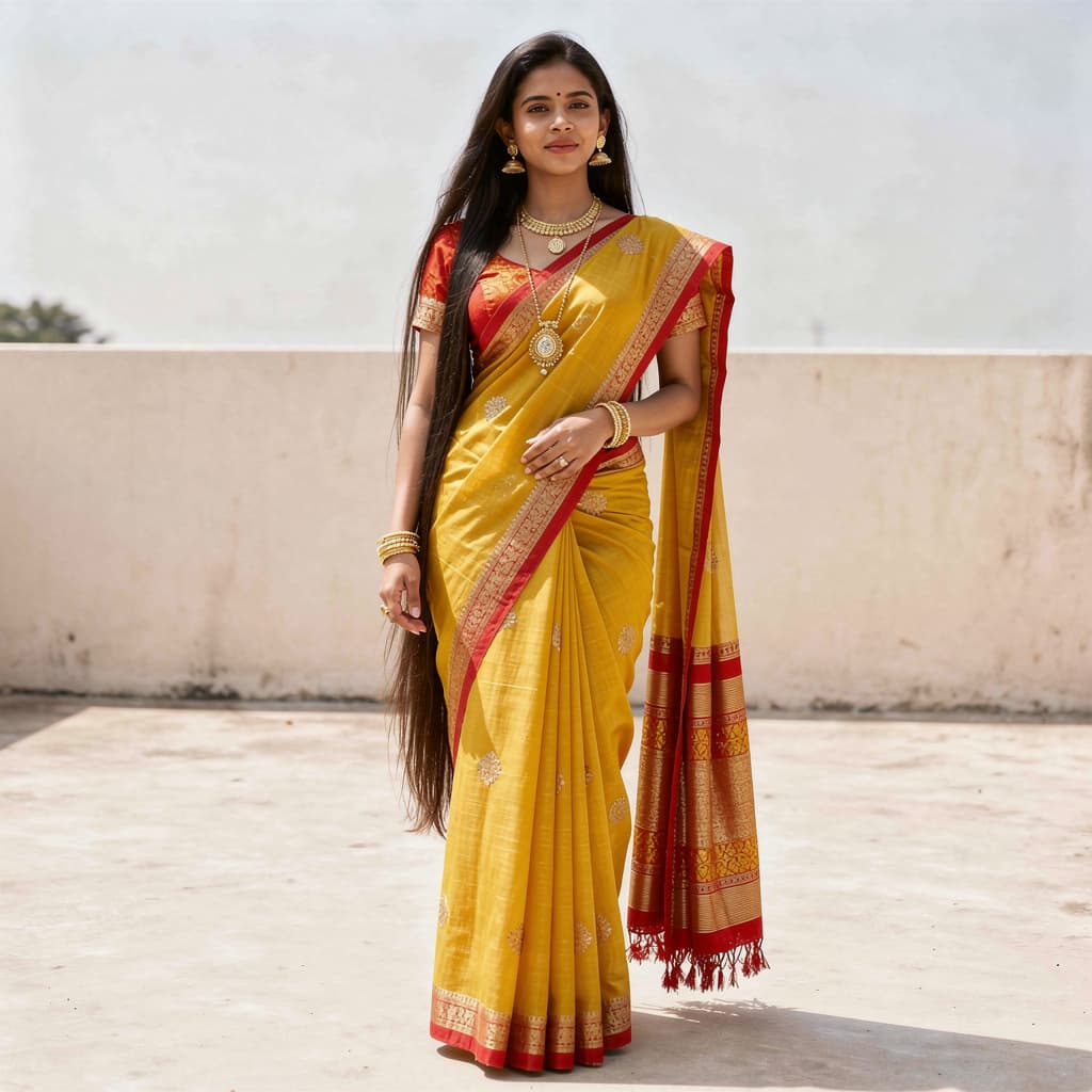 AI generated: indian girl, yellow based saree, red lined saree, cholie, gold accesories, sexy, big breasts, cleava...