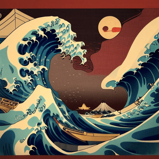AI generated: Katsushika Hokusai's Japanese depiction of a very turbulent sea with massive waves. The background s...