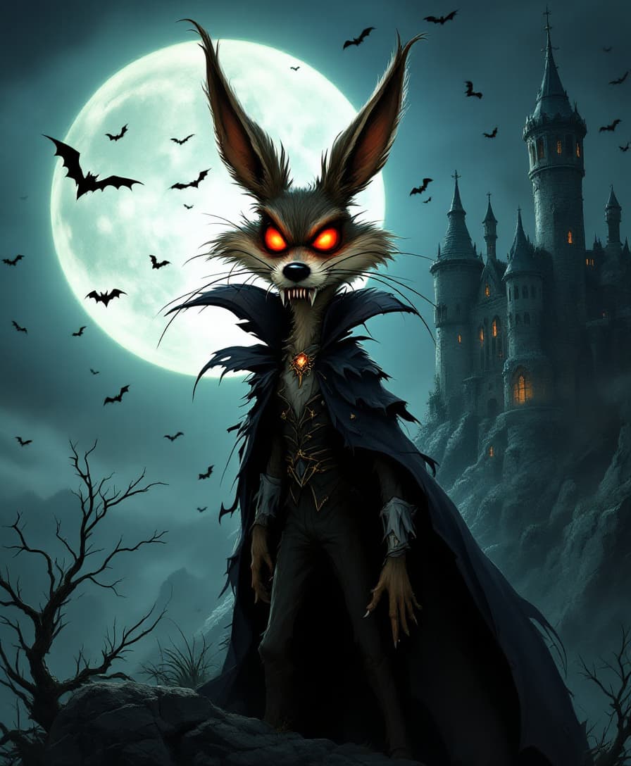 AI generated: Wile E. Coyote reimagined as a gothic vampire in a moonlit Transylvanian landscape. He wears a tatte...