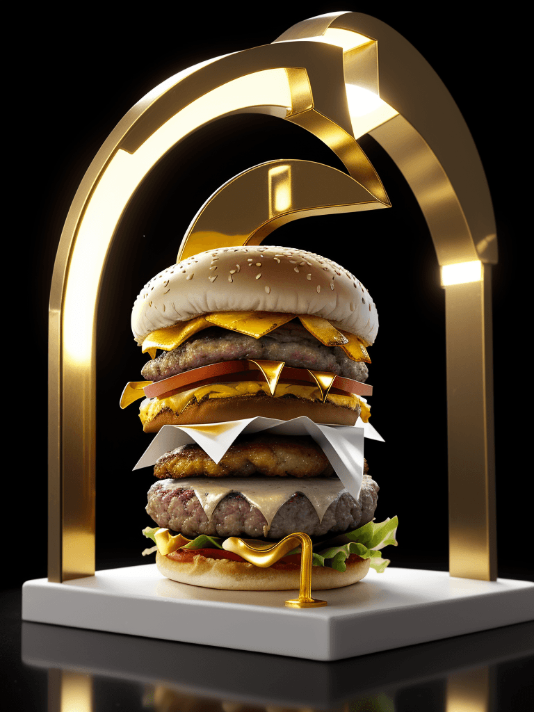 AI generated: front view, white background, gold stand with arc above, one spot light ,a burger picture in the arc...