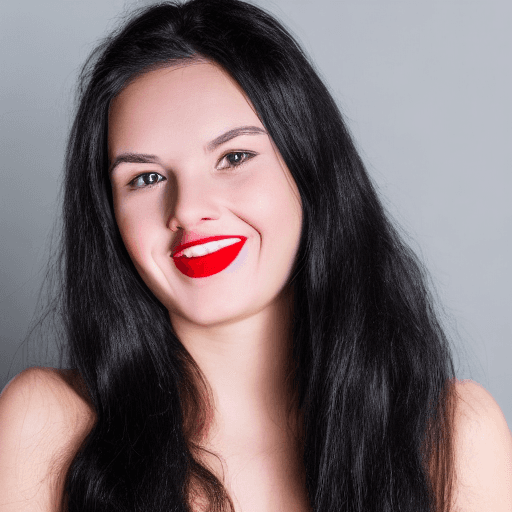 AI generated: Beautiful 25 year old young woman with flowing black hair, red lips, black eyes, holding  her invisi...
