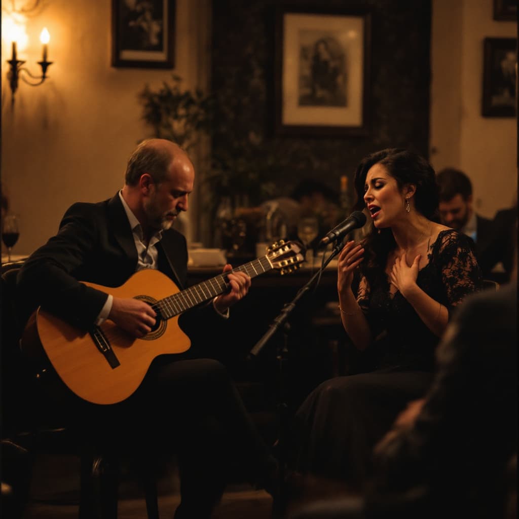 AI generated: A fado dinner in Lisbon with a group of people for a company retreat. A fado singer is performing wi...