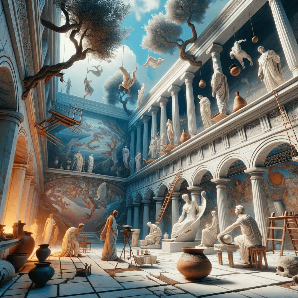 AI generated: Visualize an ancient Greek artist's studio in a world where gravity is inverted. Marble statues and ...