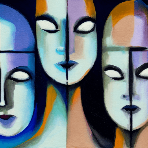 AI generated: An abstract painting of a woman with three faces, each in a unique light cold hue.