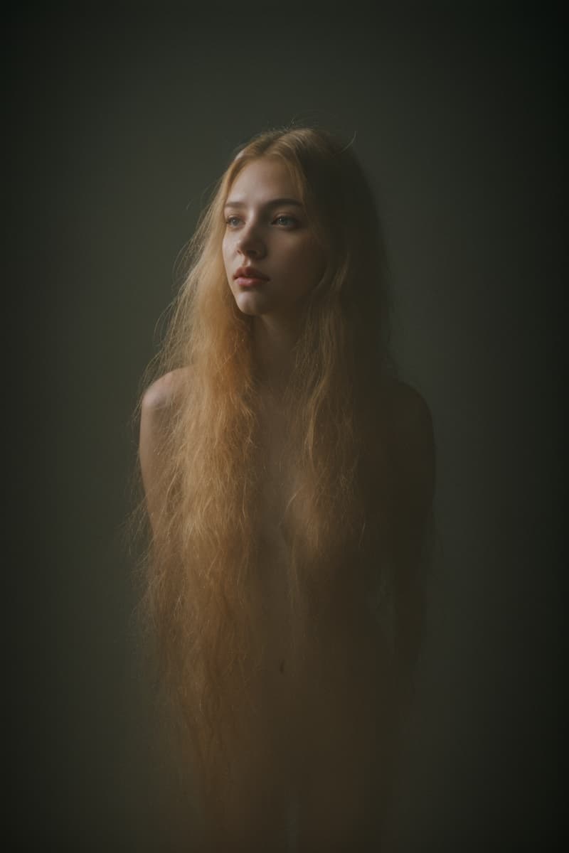 AI generated: full body photo of a young (voluptuous:1.1) (ghostly:1.1) (glow:1.1) woman with flowing long (messy:...