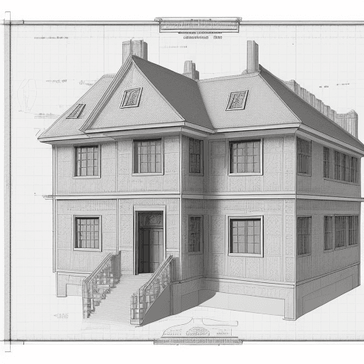 AI generated: isometric technical drawing, a detailed blueprint of a two-tiered residence, presented in the style ...