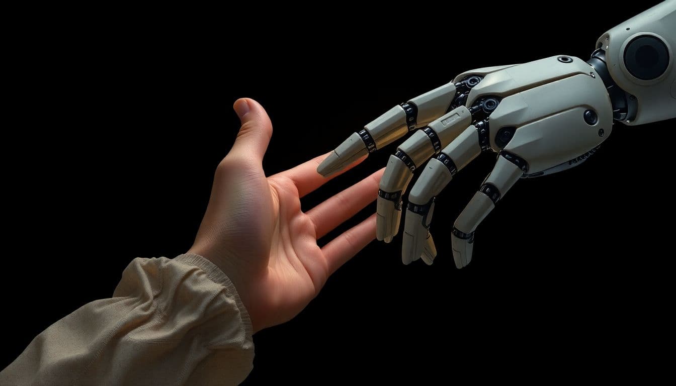 AI generated: A female hand reaching out to touch the finger of an advanced robot, detailed realistic painting in ...