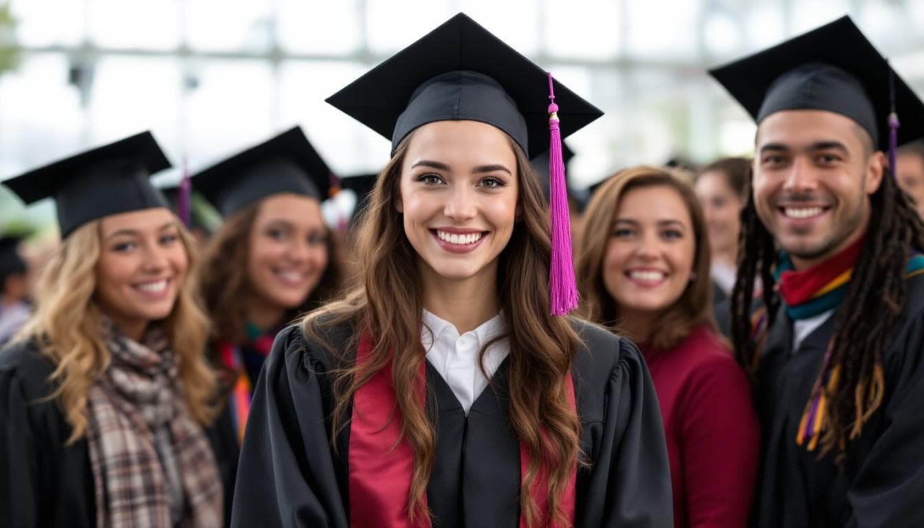 AI generated: A group of people smiling on her graduation ceremony day and in her graduation gown. 