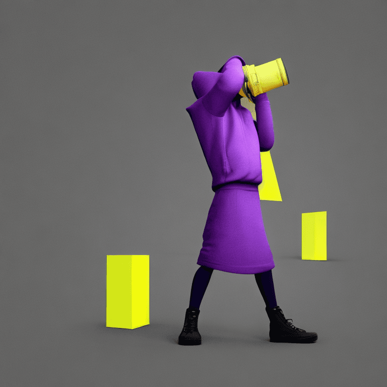 AI generated: Job, young guy, hoodie, search, yellow binoculars in hand, purple monochrome background, 3d illustra...