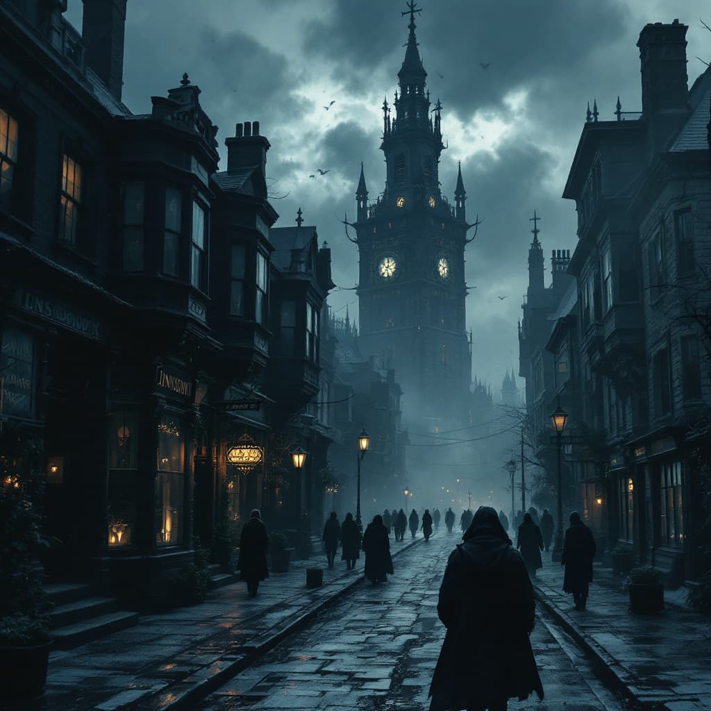 AI generated: Shadow over Innsmouth townscape, eerie atmosphere, several Innsmouth inhabitants on the sidewalks.  ...
