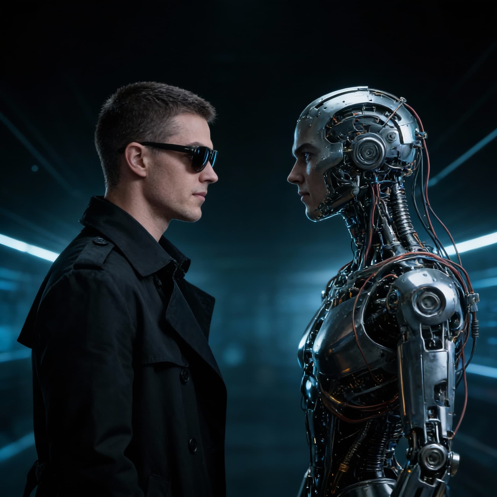 AI generated: A human and a robotic figure face each other in a futuristic setting. The human, positioned on the l...