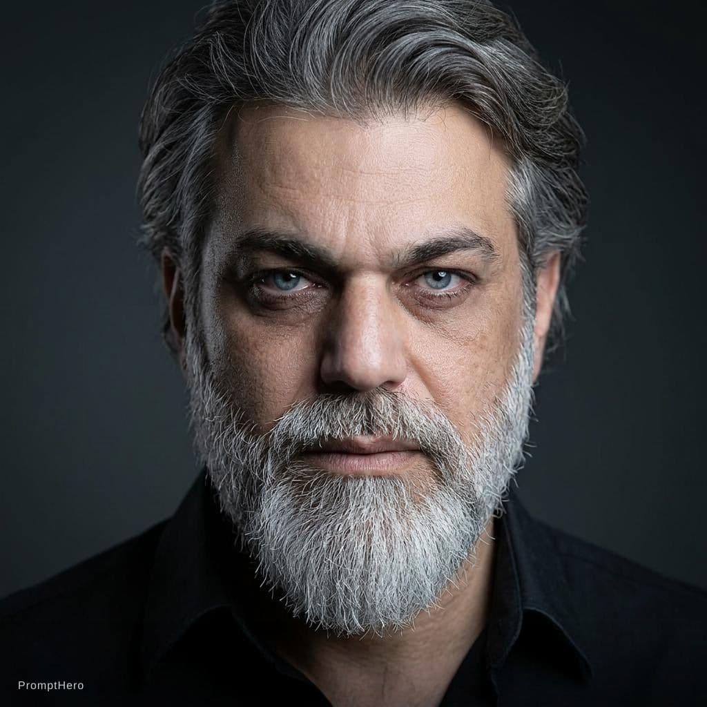 AI generated: Ultra-realistic cinematic close-up portrait of a rugged middle-aged man with salt-and-pepper hair an...