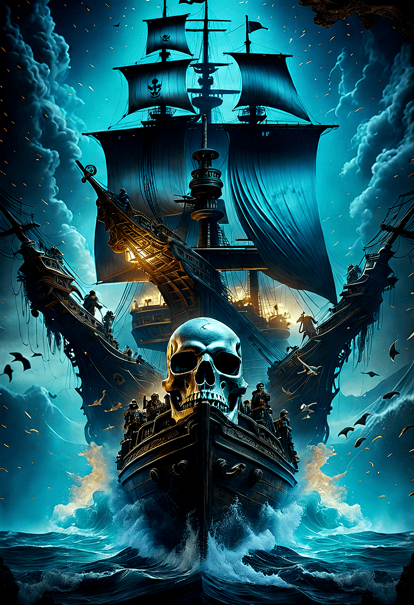 AI generated: The image features a large pirate ship sailing on a body of water, with a skull and crossbones promi...