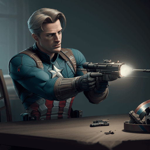 AI generated: guns on the table with the design and character of captain america The guns is gold and grey dark, n...