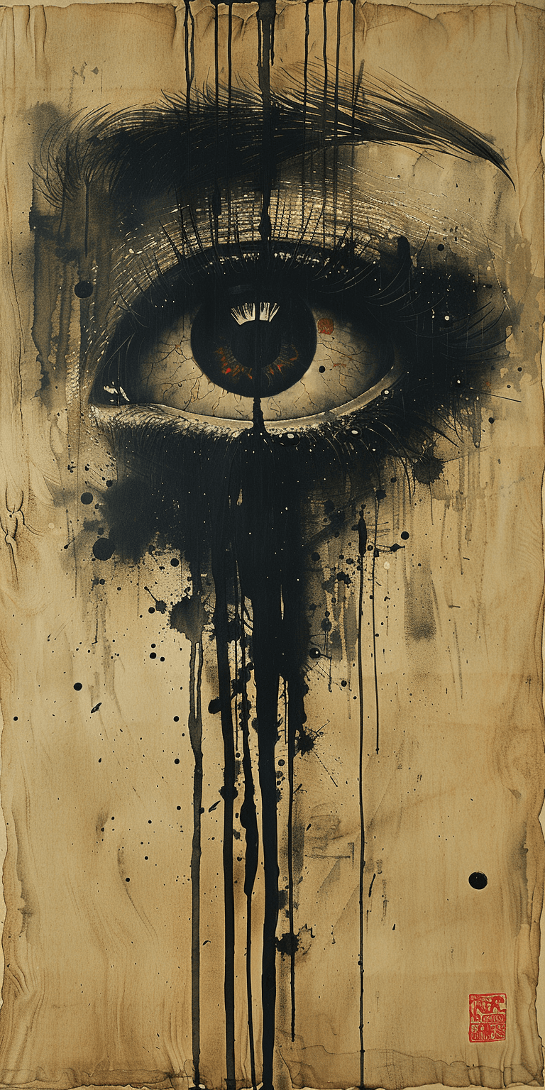 AI generated: a print of an eye splashed with paint and stains on brown paper, in the style of noir comic art, got...