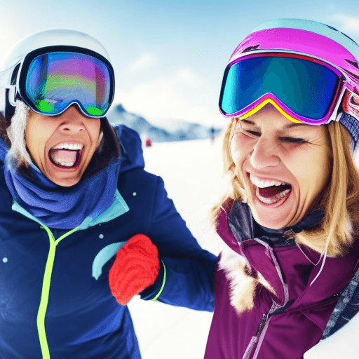 AI generated: Two wrinkled besties going skiing. Laughing and having the time of their lives 