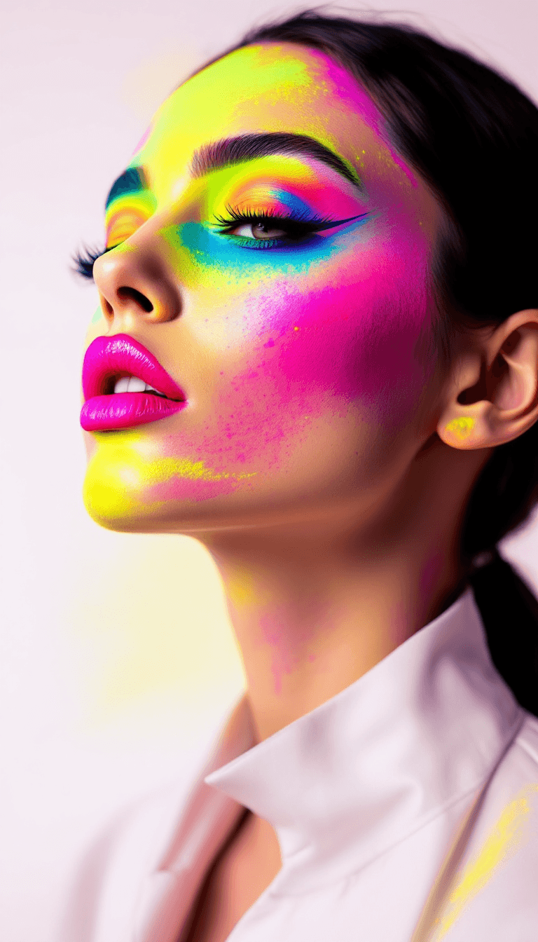 AI generated: A vibrant and attention-grabbing look using bright neon colors on the eyes, lips, or cheeks to creat...