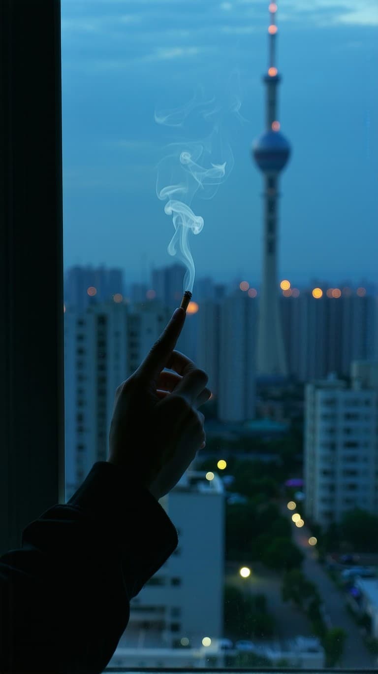 AI generated: pov first-person, i am standing by the open window, smoking a cigarette. only my hand and the cigare...