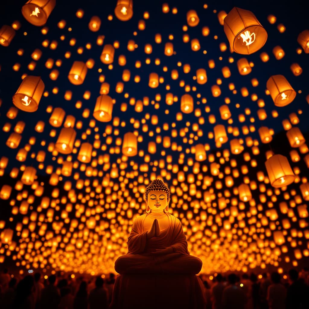 AI generated: The sky is filled with countless luminous lanterns of thousands of Buddhas. The luminous lantern is ...