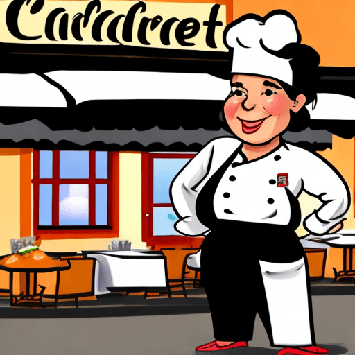 AI generated: A cartoon-style image of a proud chef in front of a boutique restaurant. The chef is a woman with wa...