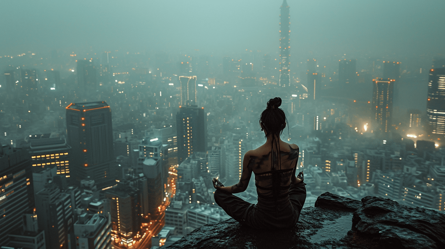 AI generated: Cinematic, photo of a cyborg samurai woman, meditating in a future Tokyo cityscape, 2080s Tokyo, fog...