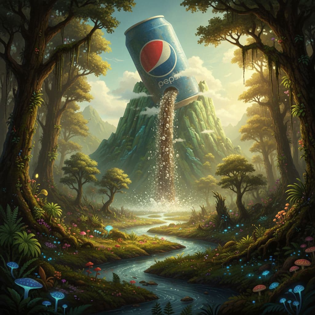 AI generated: A surreal fantasy scene of a vast forest at the base of a giant green mountain. On top of the mounta...