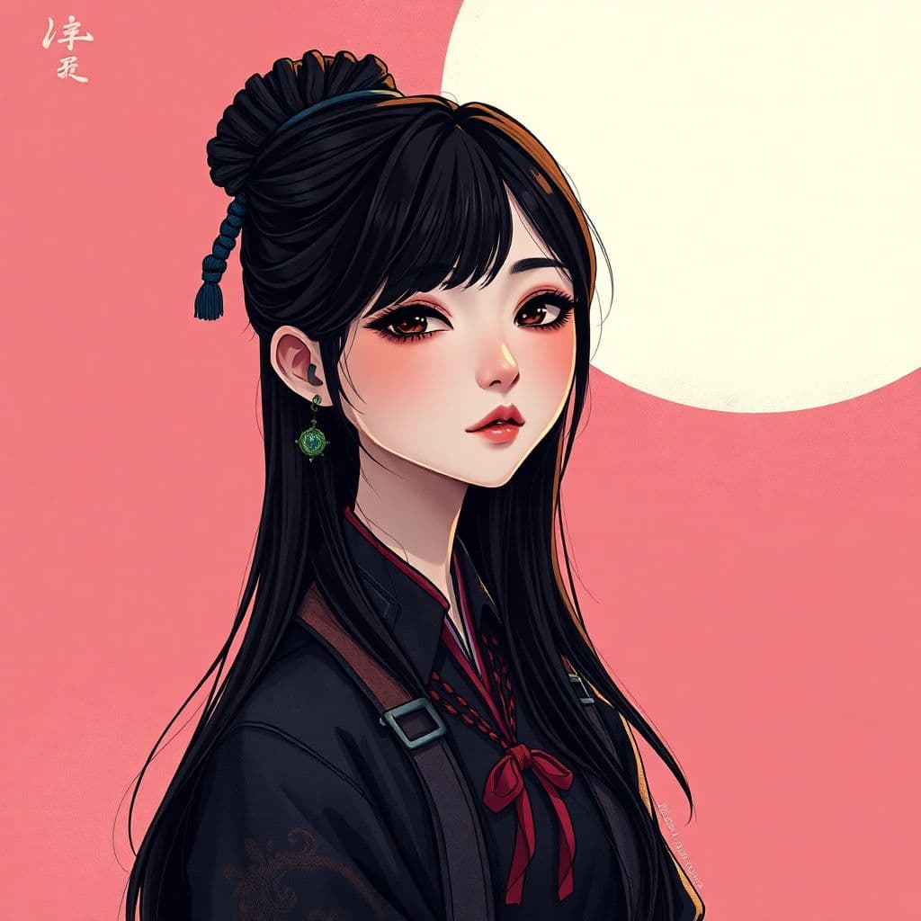 AI generated: a dark haired girl dressed in an asian style, in the style of subtle ink application, appropriation ...