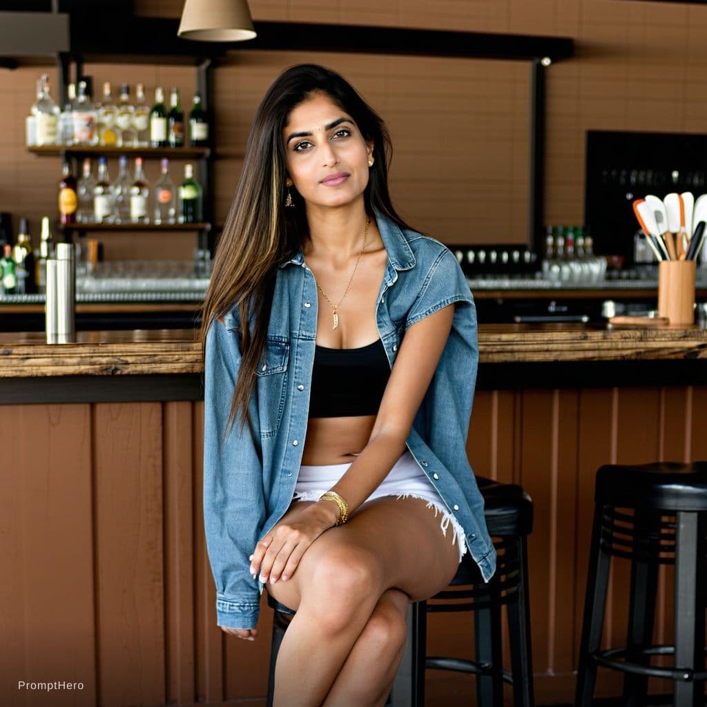 AI generated: curvy indian wearing mini skirt, sitting at bar