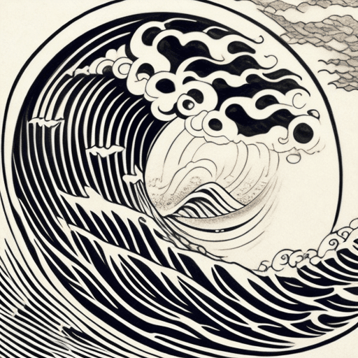 AI generated: Tattoo Polynesian style, Circle Kanagawa wave  design, white background, --no skin --no people 