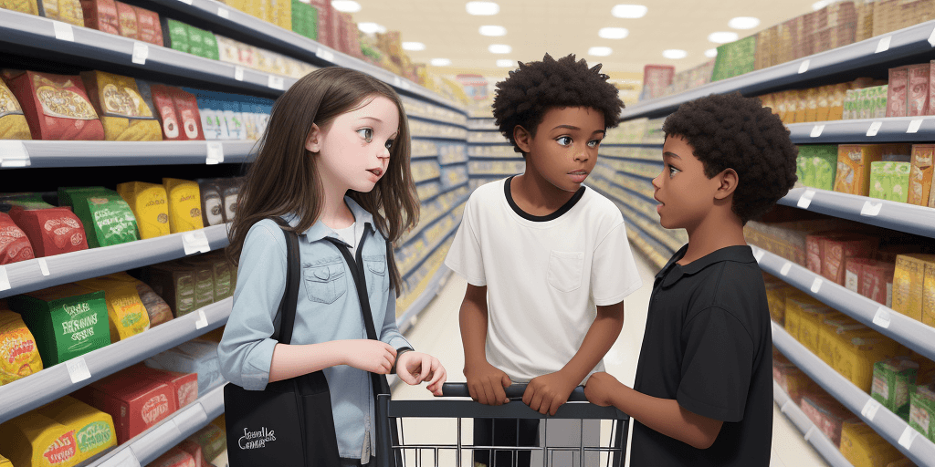 AI generated: Create a graphic of a white grade schooler and a black grade schooler talking in the grocery store