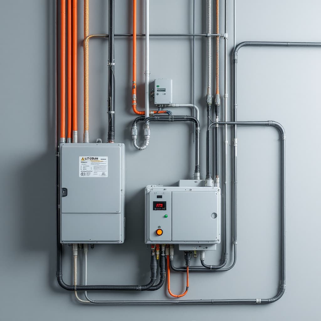 AI generated: a wall on which an electrical wire, automation, contacts, electrical panel hangs.