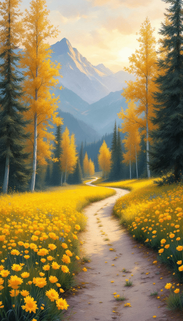 AI generated: A scenic pathway winding through a vibrant field of yellow wildflowers, bordered by tall trees with ...