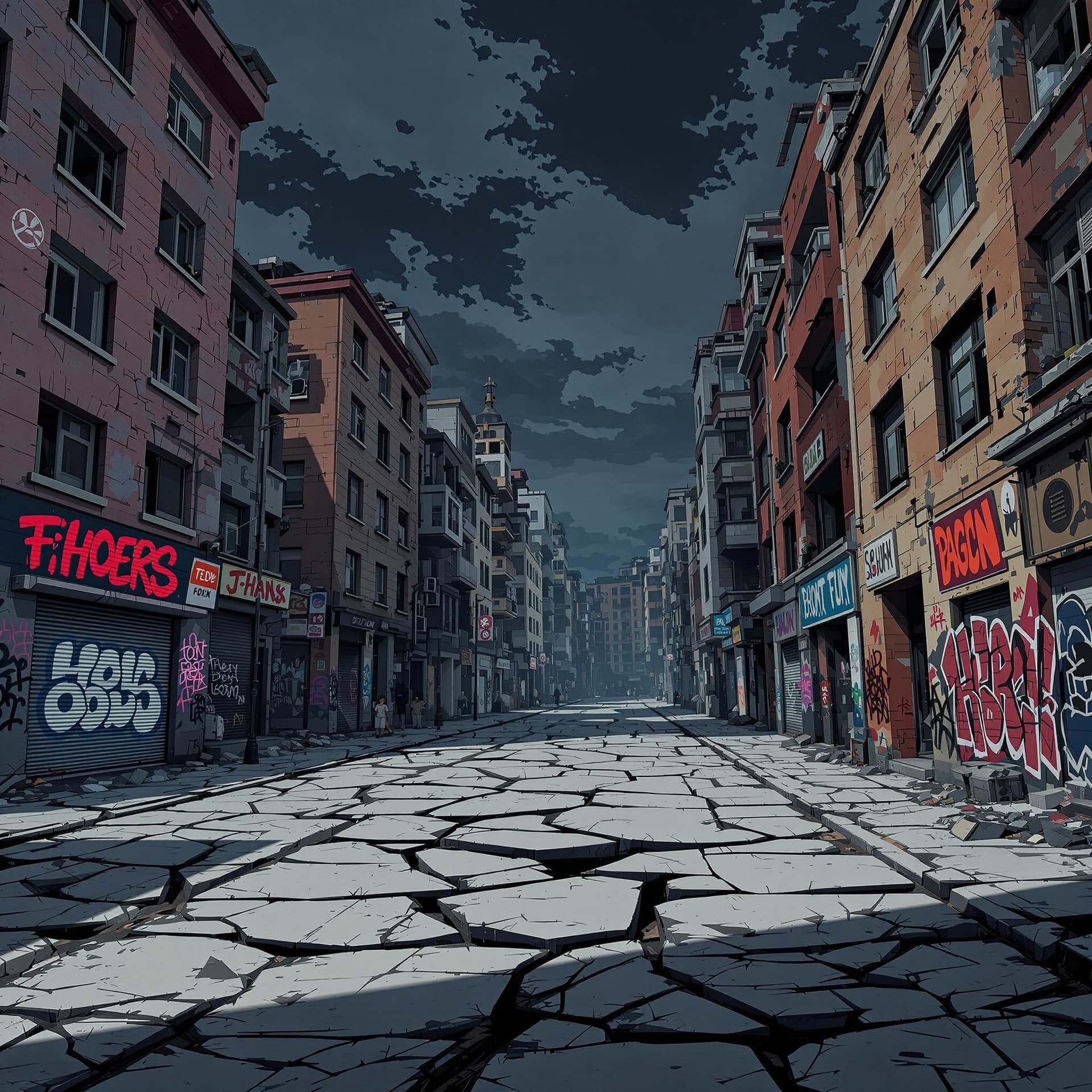 AI generated: 3d anime illustrated destroyed urban street buildings background with graffiti on the walls, cracked...