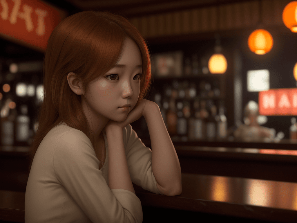 AI generated: girl in the bar looking away, in the style of hallyu, soft, romantic scenes, zeiss batis 18mm f/2.8,...