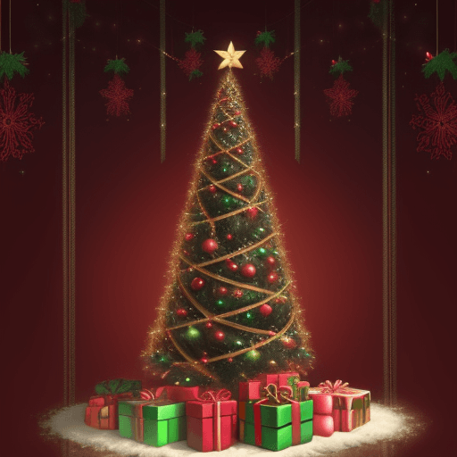 AI generated: logo of an extravagant christmas tree with lights and tinsel, brightly colored, lots of fancy wrappe...