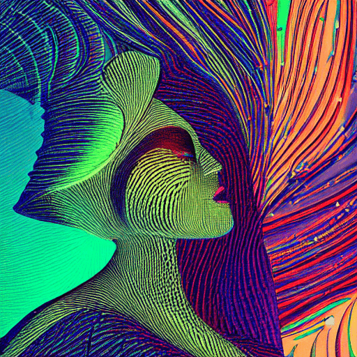 AI generated: the woman is in a blue dress, in the style of neon and fluorescent light, zbrush, undulating lines, ...