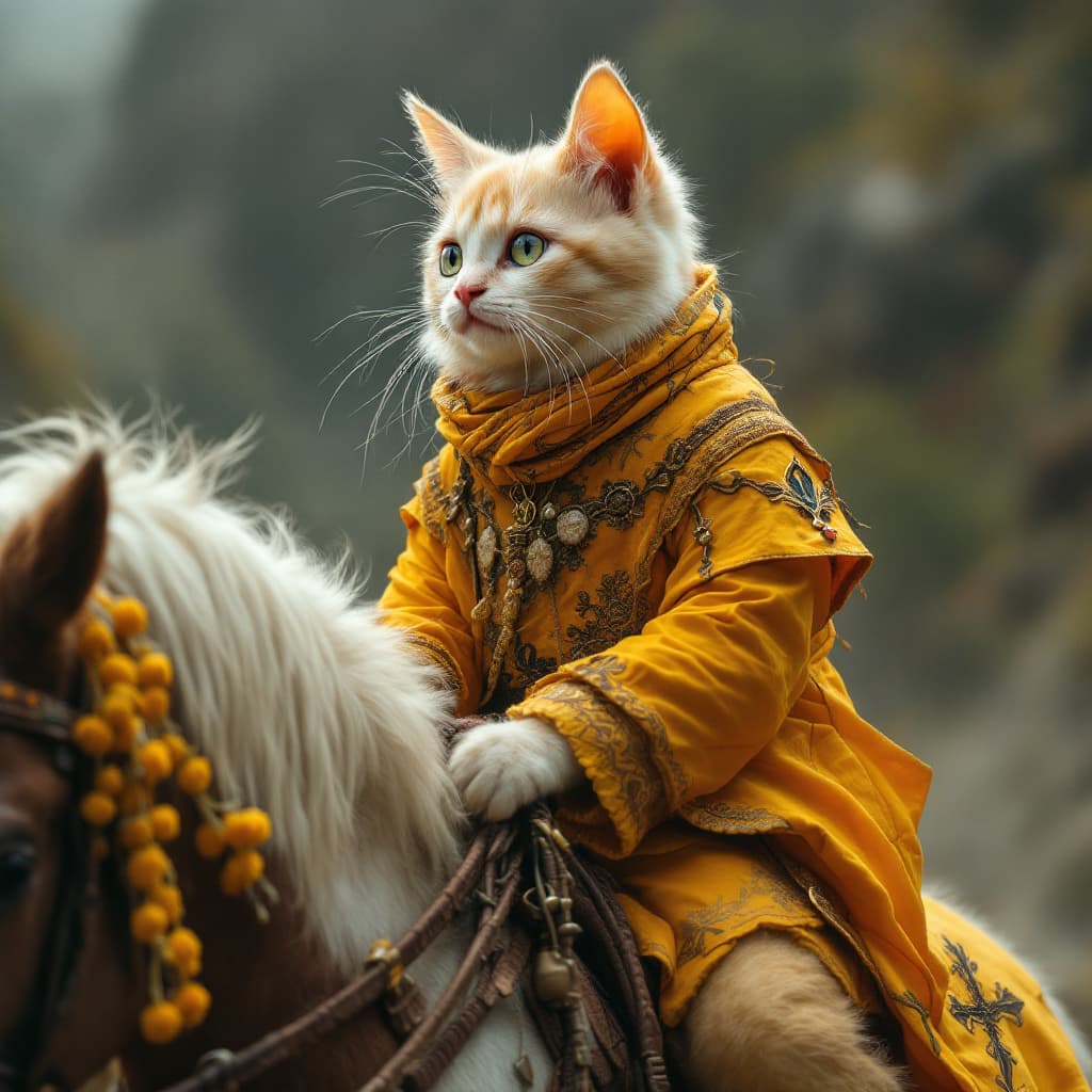 AI generated: an anthropomorphic cute cat is horse rider, in the style of cinematic montages, dragon art, francisz...