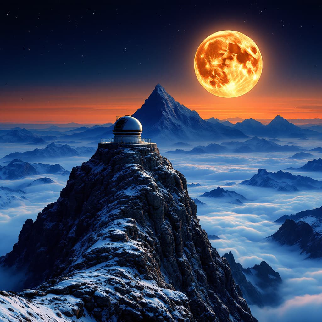 AI generated: panoramic photo of the full moon rising over Aimenta da Gu Surreal landscape with Mount Pelly, an ob...