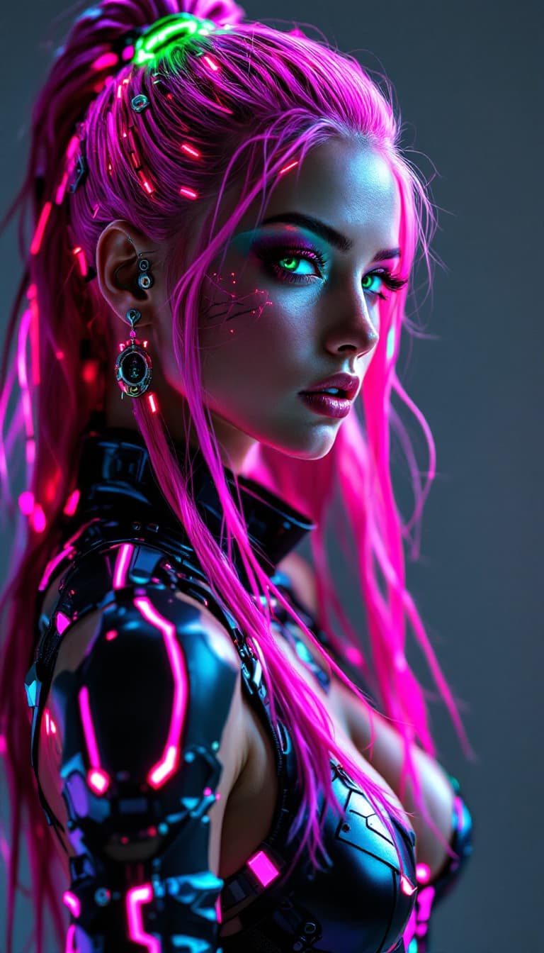 AI generated: An ultra-realistic, full-body portrait of a captivating cyberpunk dancer woman, radiating rebellious...