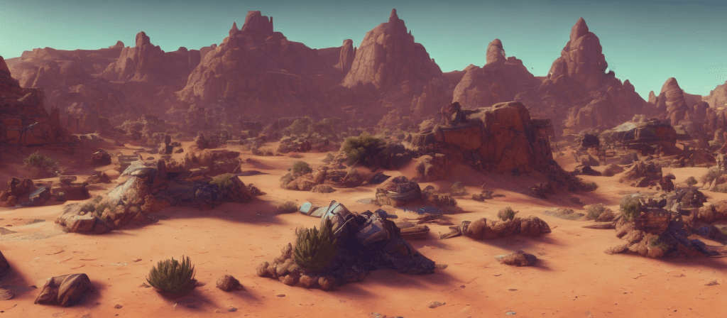 AI generated: desert landscape from borderlands 3, au naturel, hyper detailed, digital art, trending in artstation...
